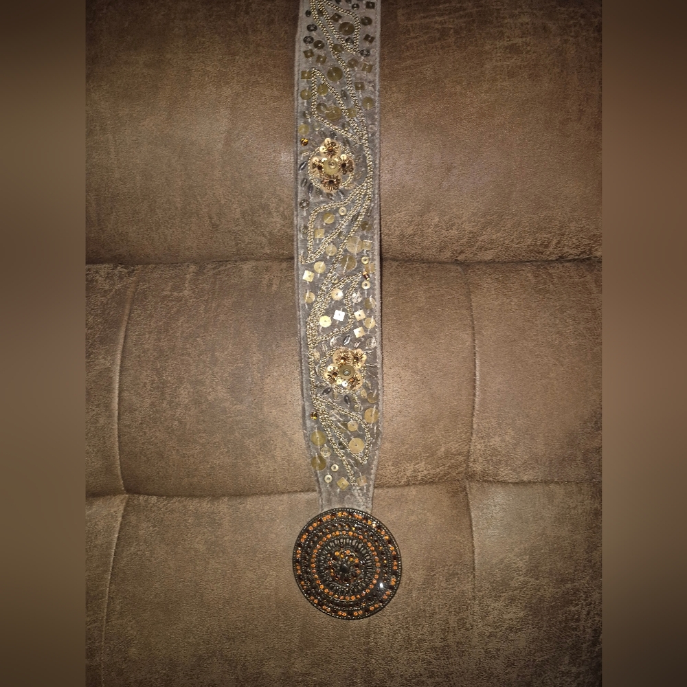 Vintage Womens Belt: Beaded-Luxury Suede 37”X2.5”. Hand Stitched